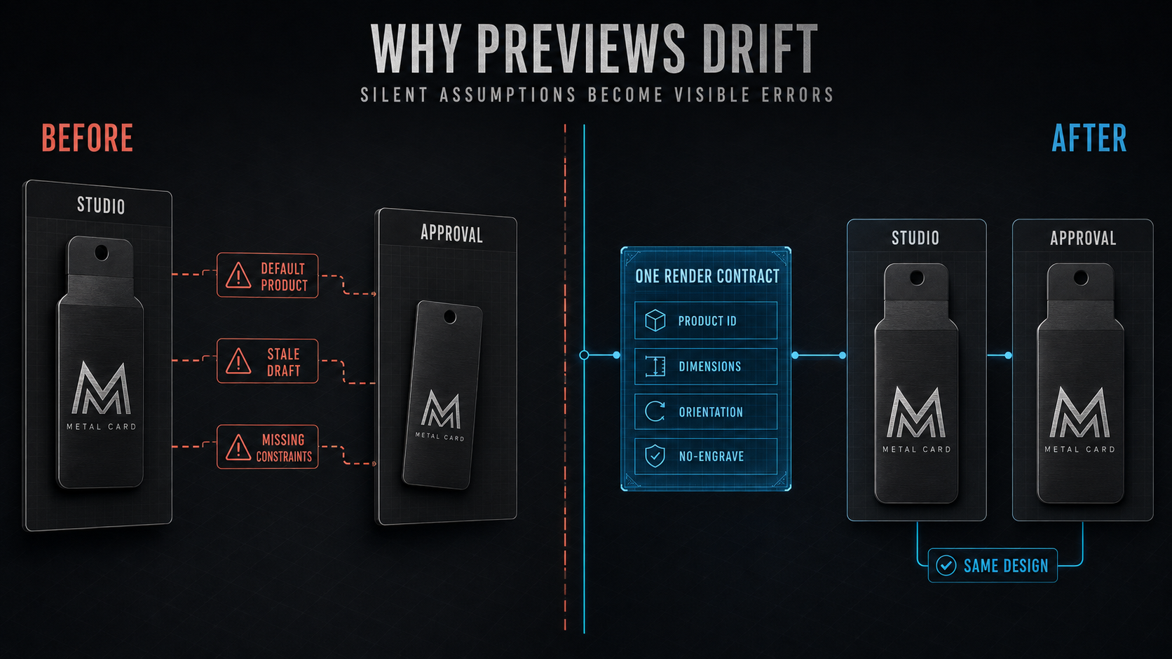 Before-and-after diagram showing preview drift caused by default product data, stale drafts, and missing constraints, then resolved by one render contract